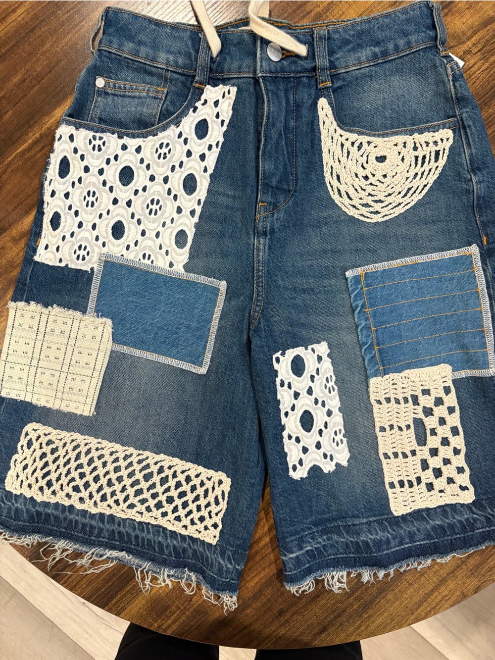 Pilcro Blue Denim Shorts with Cream Crochet & Patchwork
